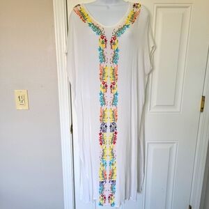 Sheer Gauzy White Floral Caftan Kimono Swim Cover Up Beach Vacation Pool OS